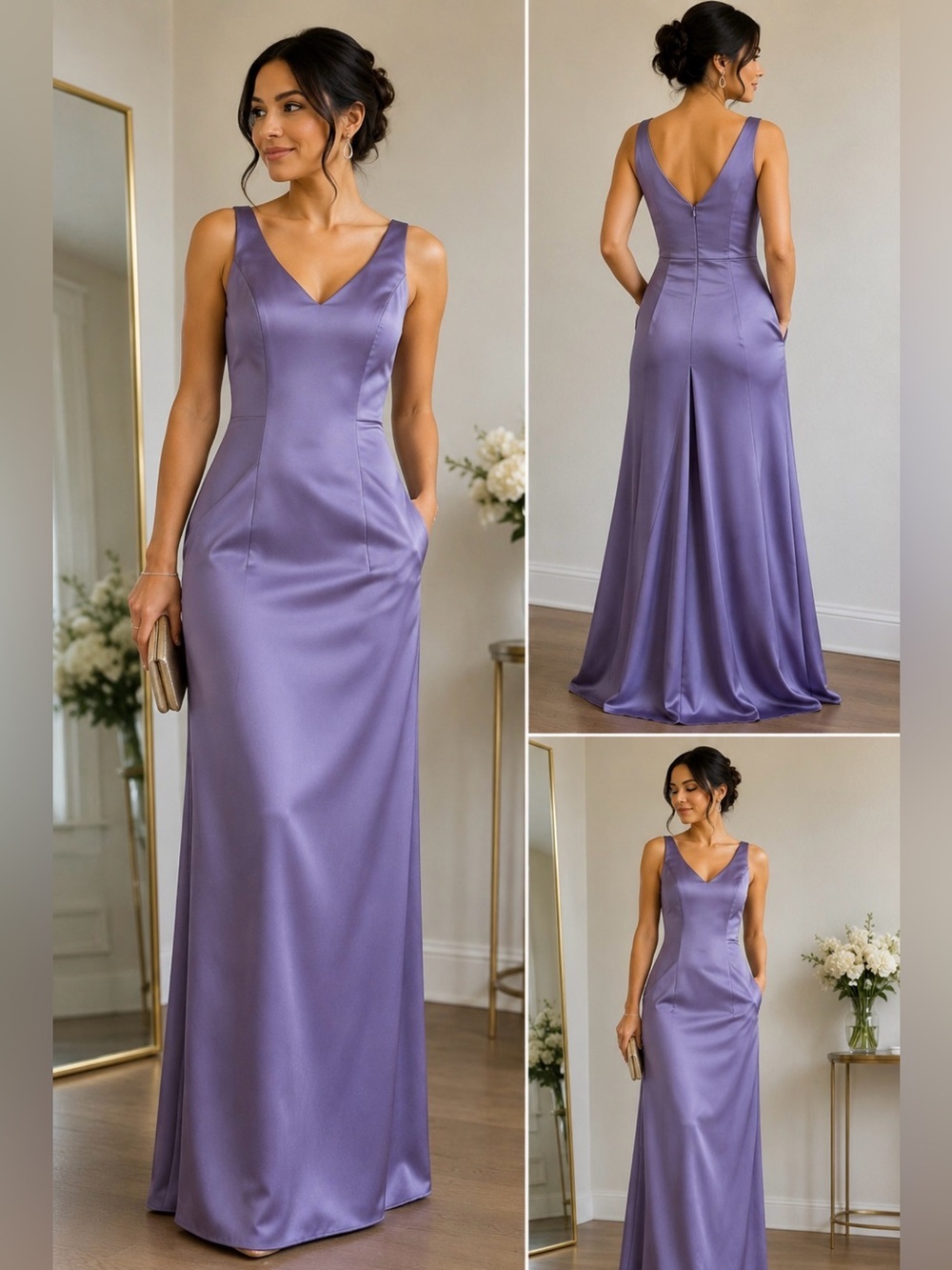 David’s Bridal Lavender Satin V-Neck Long Formal Bridesmaid Dress Size Unknown
